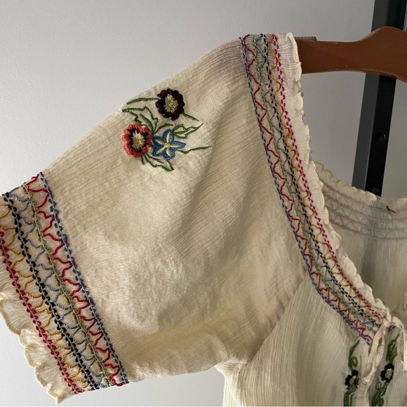 Vintage Boho Embroidered Floral 100% Cotton Off Shoulder Blouse Top Shirt Yellow - Picture 7 of 8